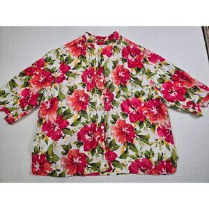 Jones New York Vibrant Floral Linen 3X Blouse Sportswear Button Down Shirt